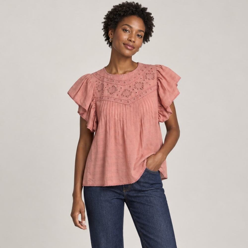 Sezane Pink Organic Cotton Eyelet Embroidered Ruffle Sleeve Blouse Size 40 US 8
